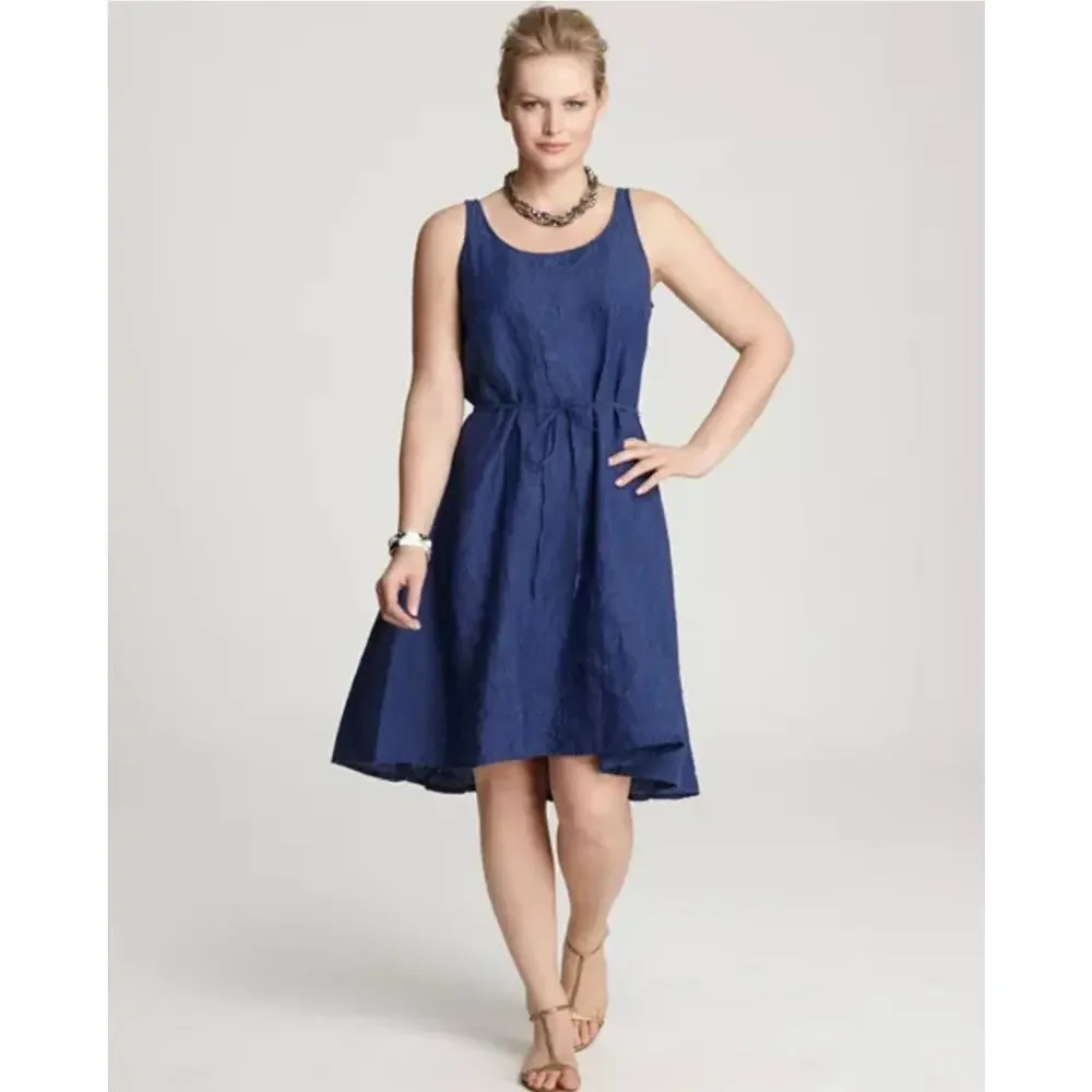 Eileen Fisher Linen Dress Size Small Blue Sleeveless Strappy Tie Waist Fit Flare - Picture 1 of 16